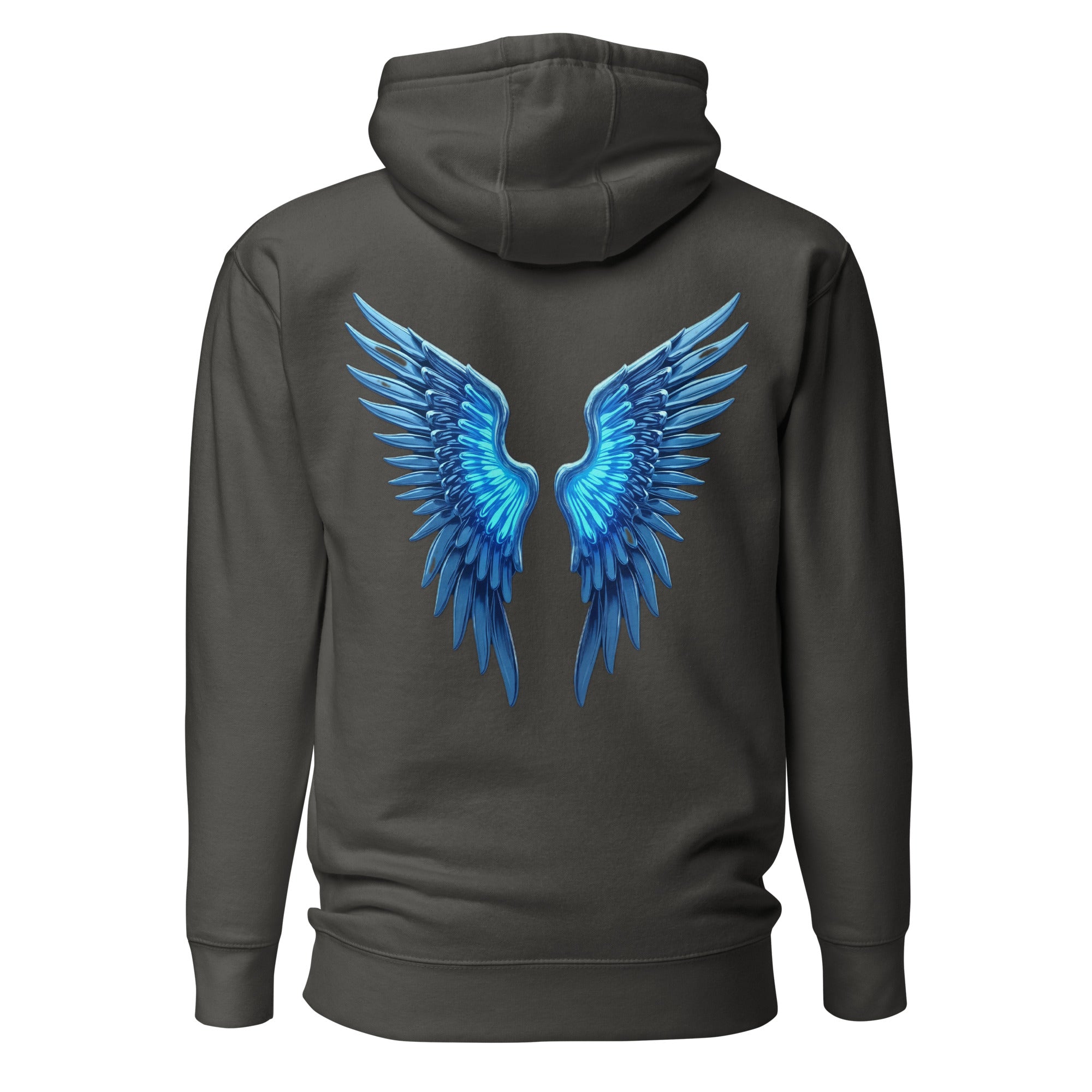 Vintage Black Chrome Angel Wings Hoodie with vibrant electric blue chrome wings on the back.
