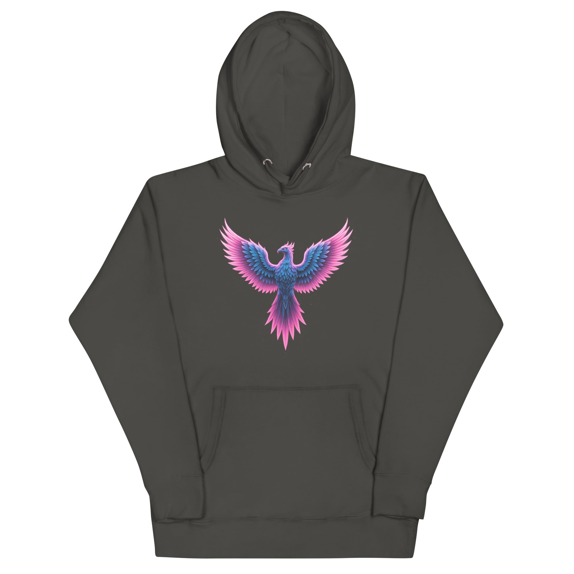 Vintage Black Neon Angel Wings Hoodie with neon pink and blue wing design.