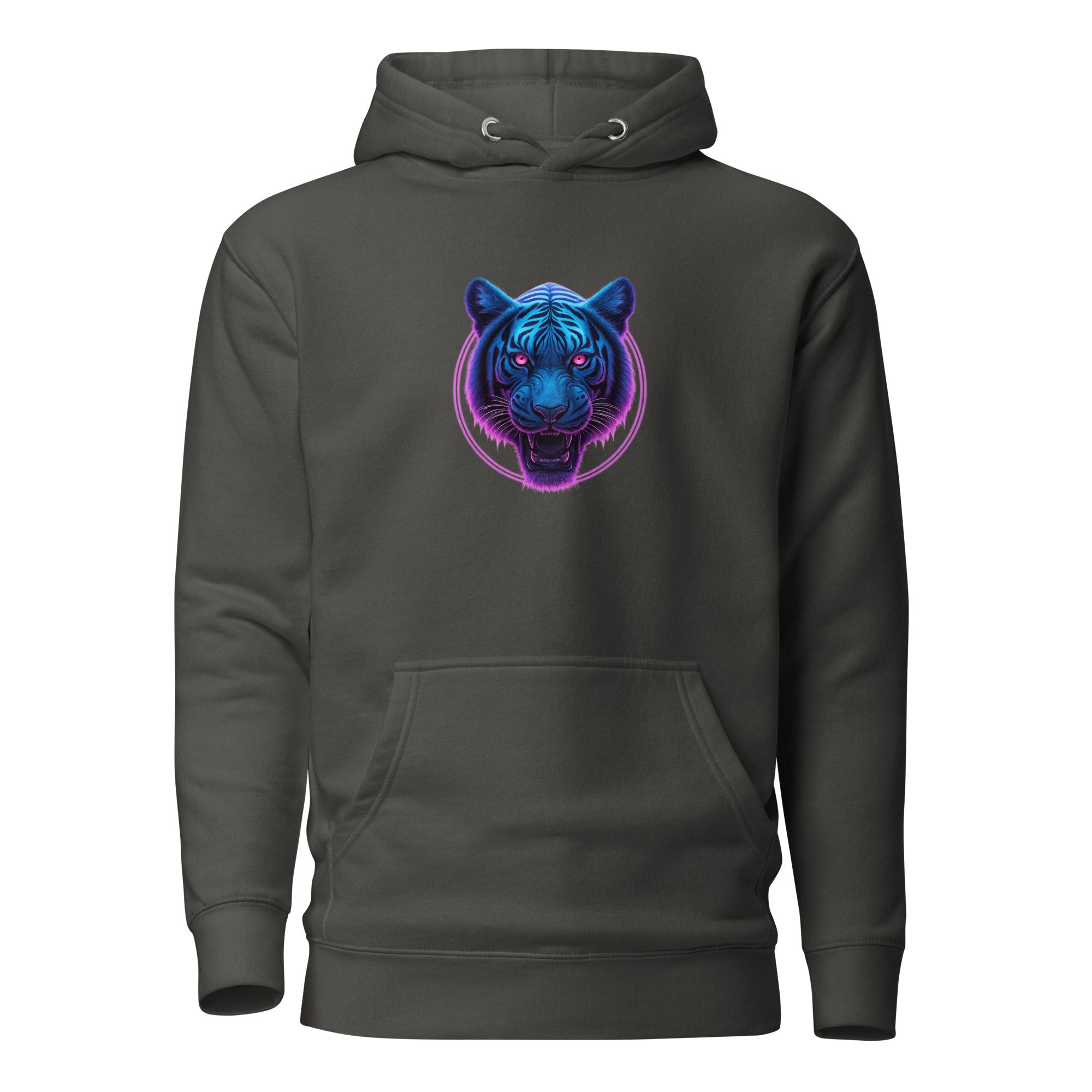 Vintage Black Neon Panther Strike Hoodie featuring neon blue and purple panther design.