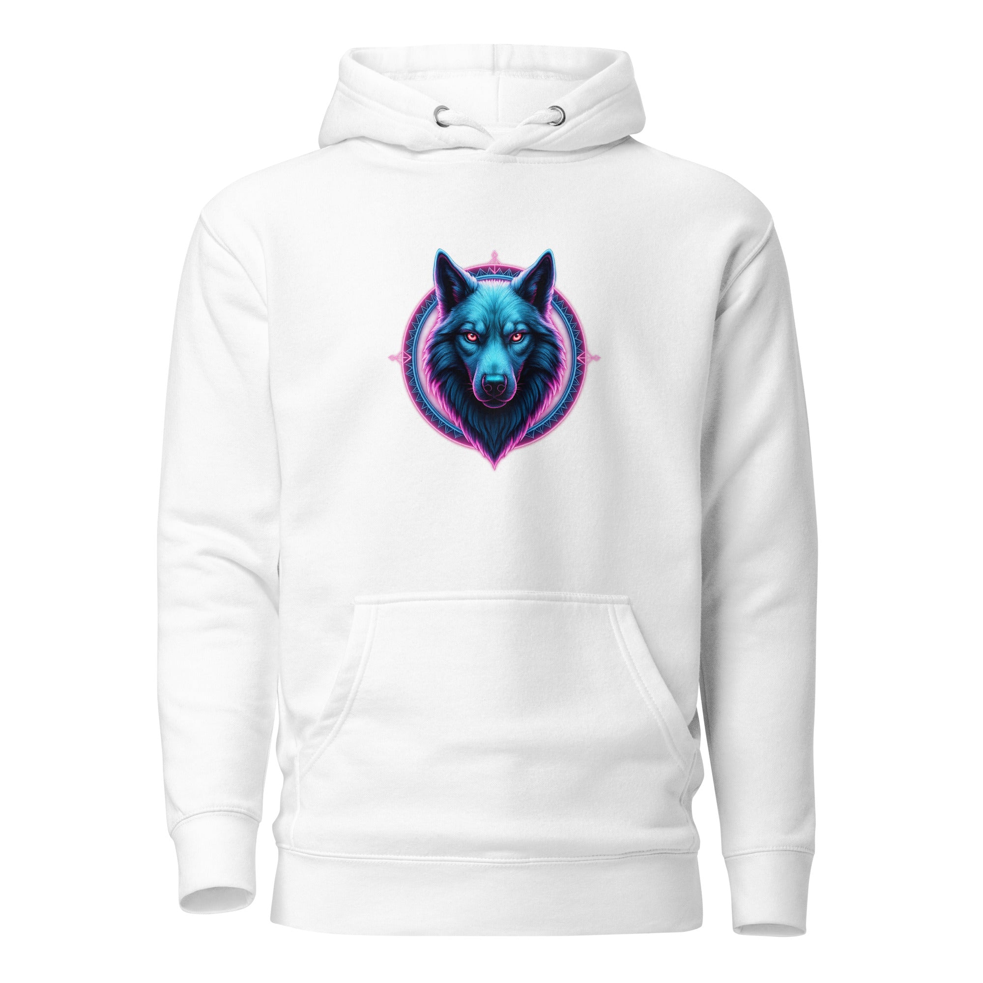 White Neon Alpha Wolf Hoodie featuring bright neon blue and purple wolf design.