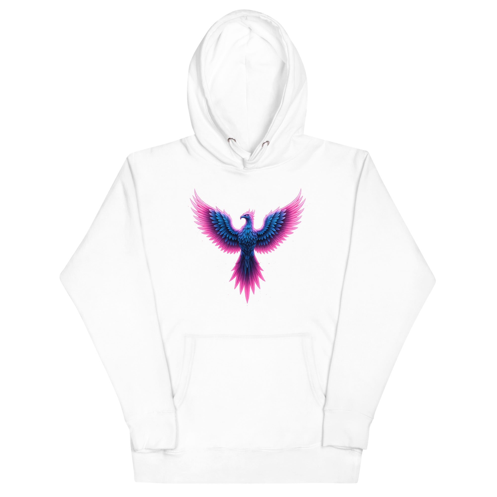 White Neon Angel Wings Hoodie with bright pink and blue glowing wing artwork.