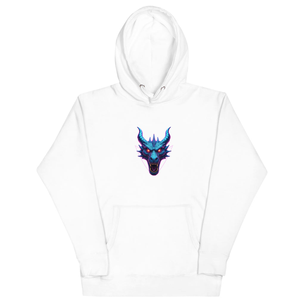 White Neon Dragon Overlord Hoodie with bright neon blue and purple dragon head design.