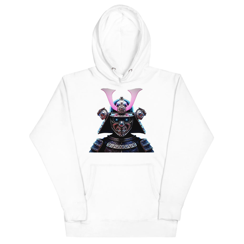 White Chrome Cyber Samurai Hoodie with chrome samurai helmet and glowing neon katana artwork.
