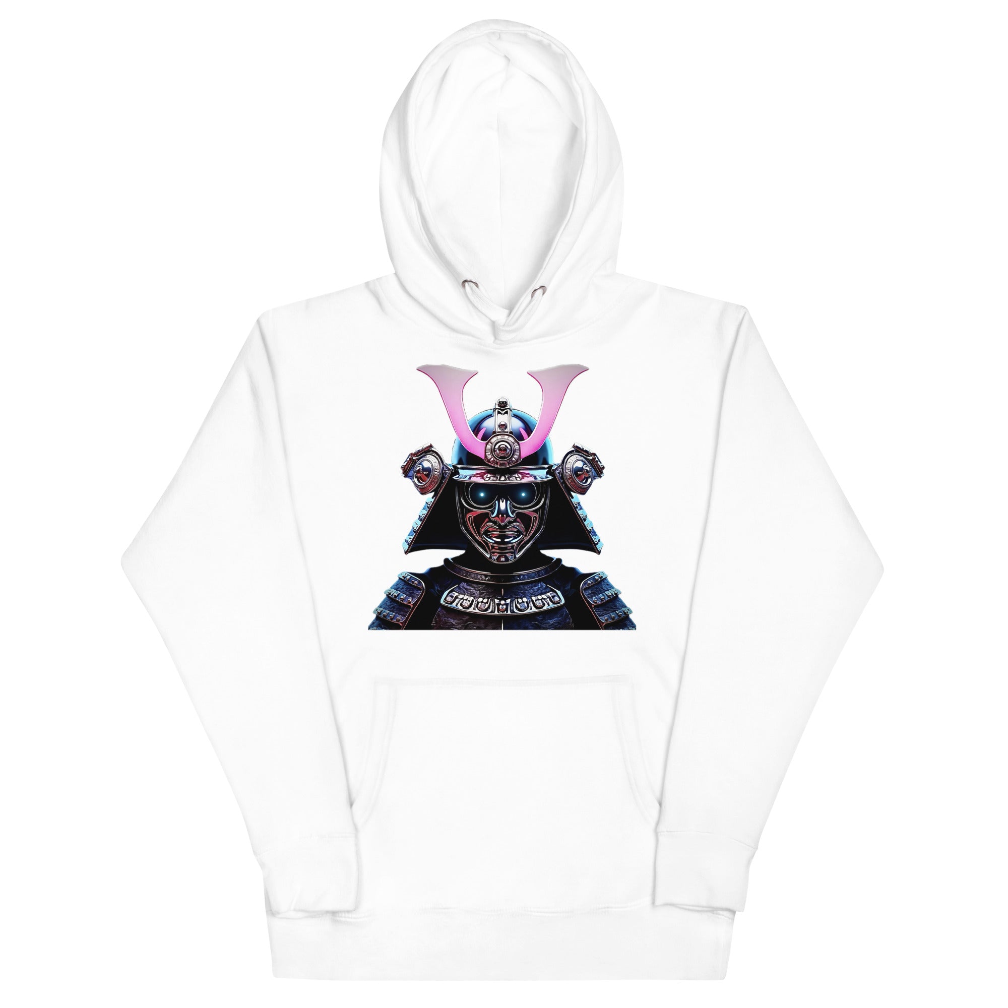 White Chrome Cyber Samurai Hoodie with chrome samurai helmet and glowing neon katana artwork.