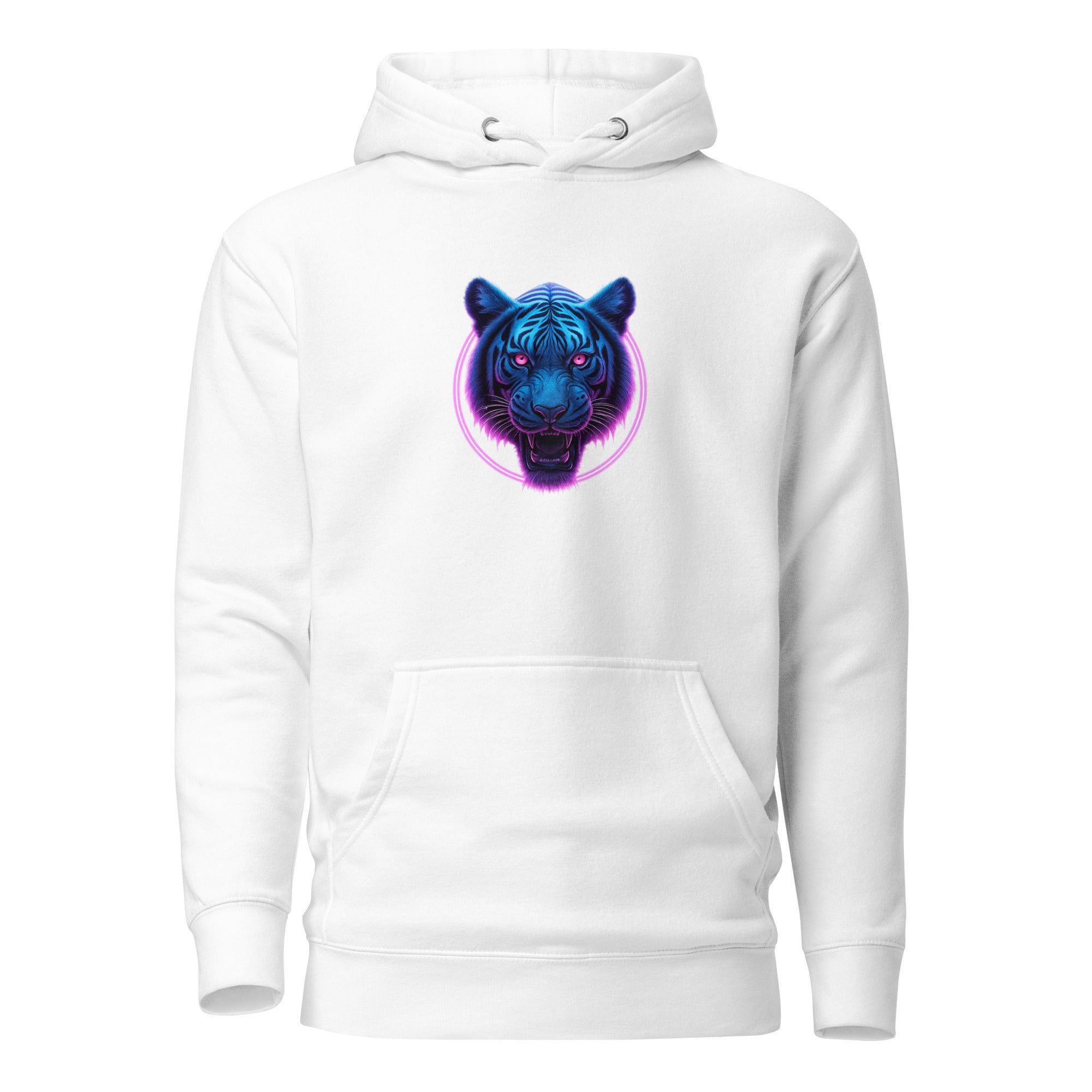 White Neon Panther Strike Hoodie with bright neon blue and purple panther head graphic.
