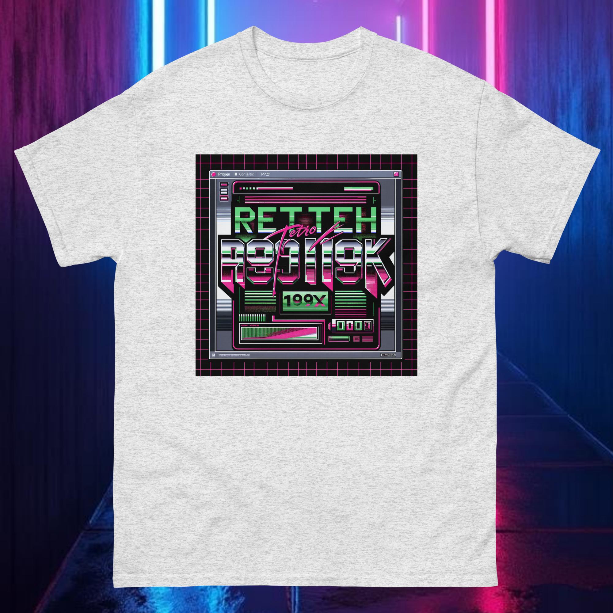 Cream RETROTECH 199X tee featuring neon cyber chrome glitch text — Y2K retro digital design