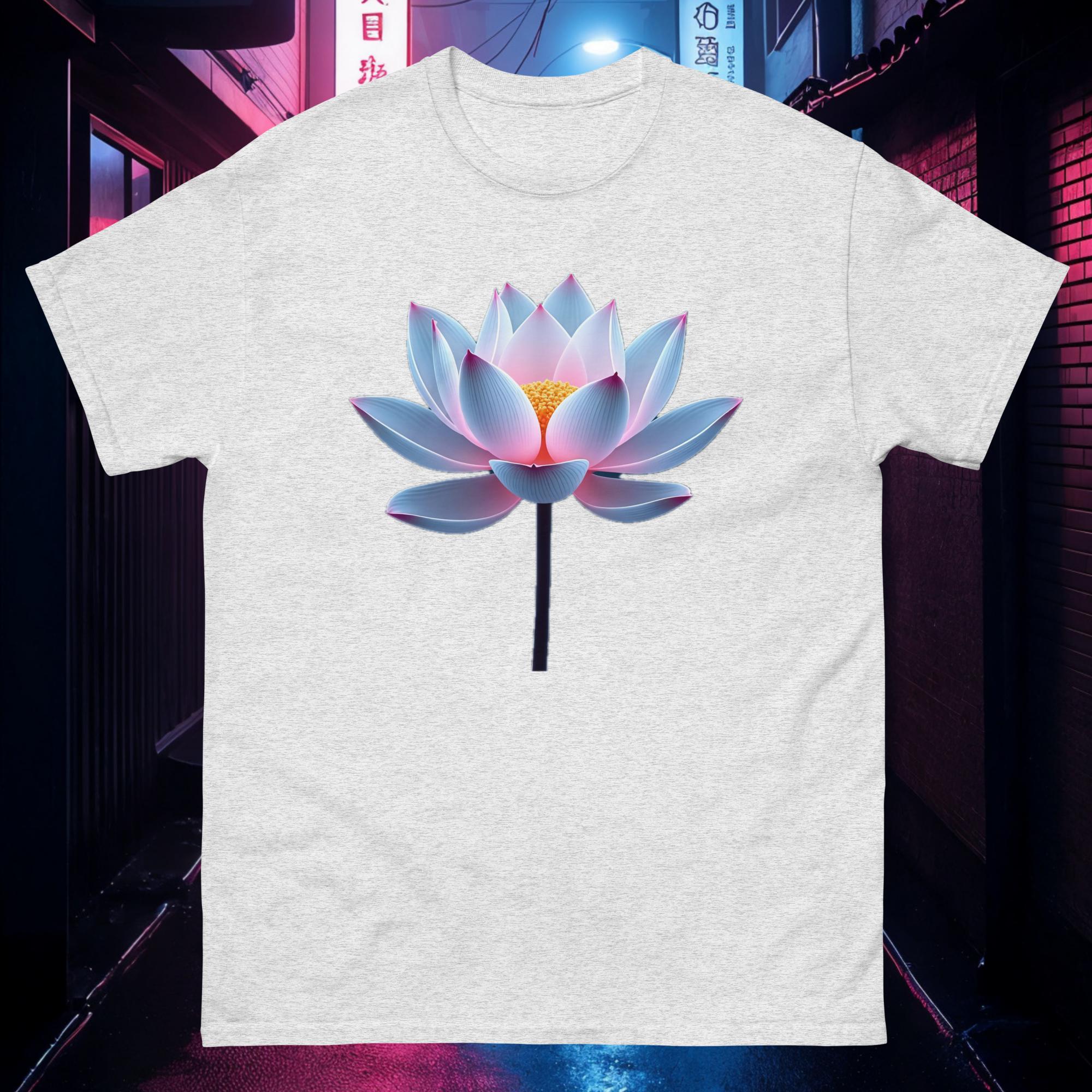 Cream Chrome Lotus tee featuring chrome lotus flower with neon blue and pink lighting