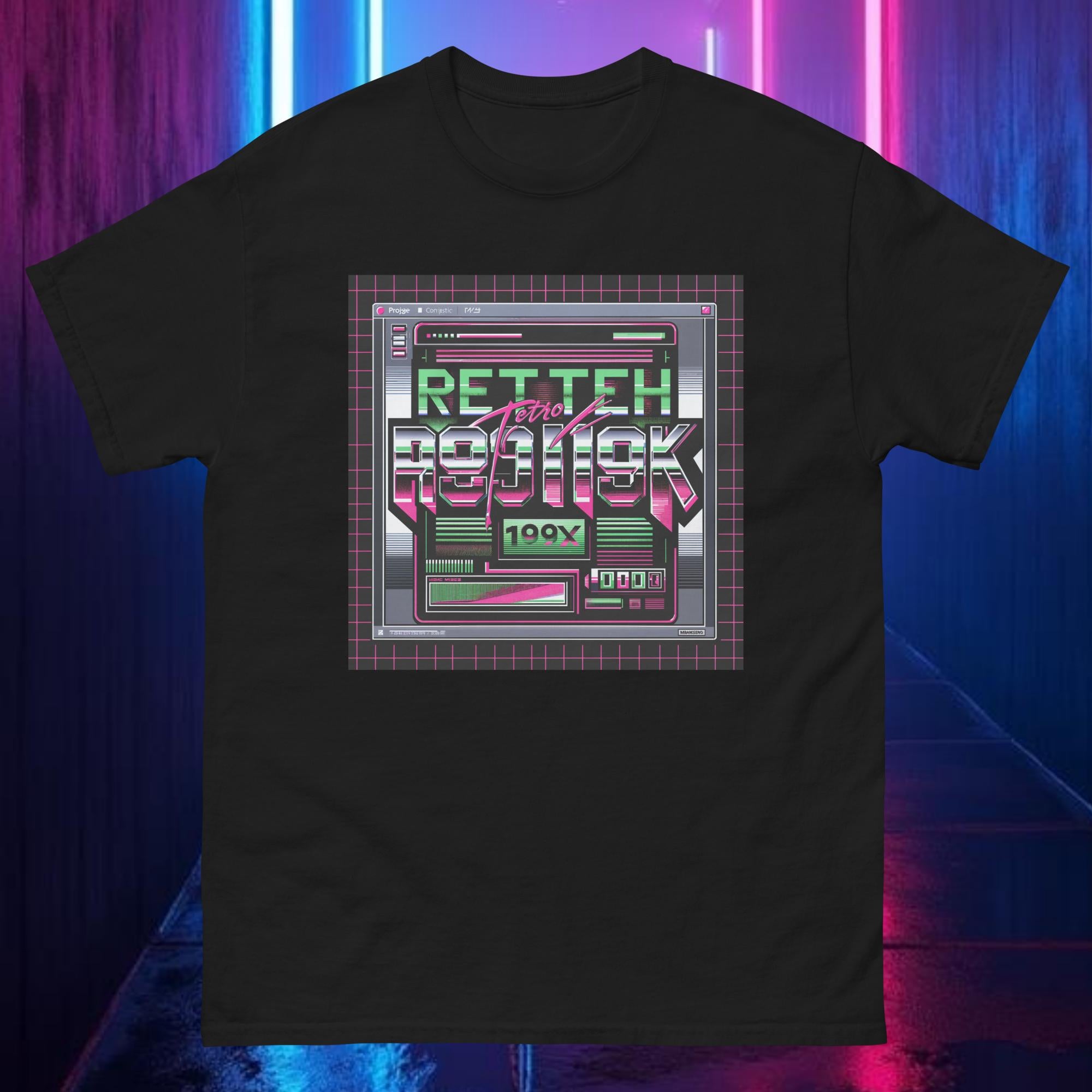 Black RETROTECH 199X tee with neon green and pink chrome glitch text — retro tech Y2K design