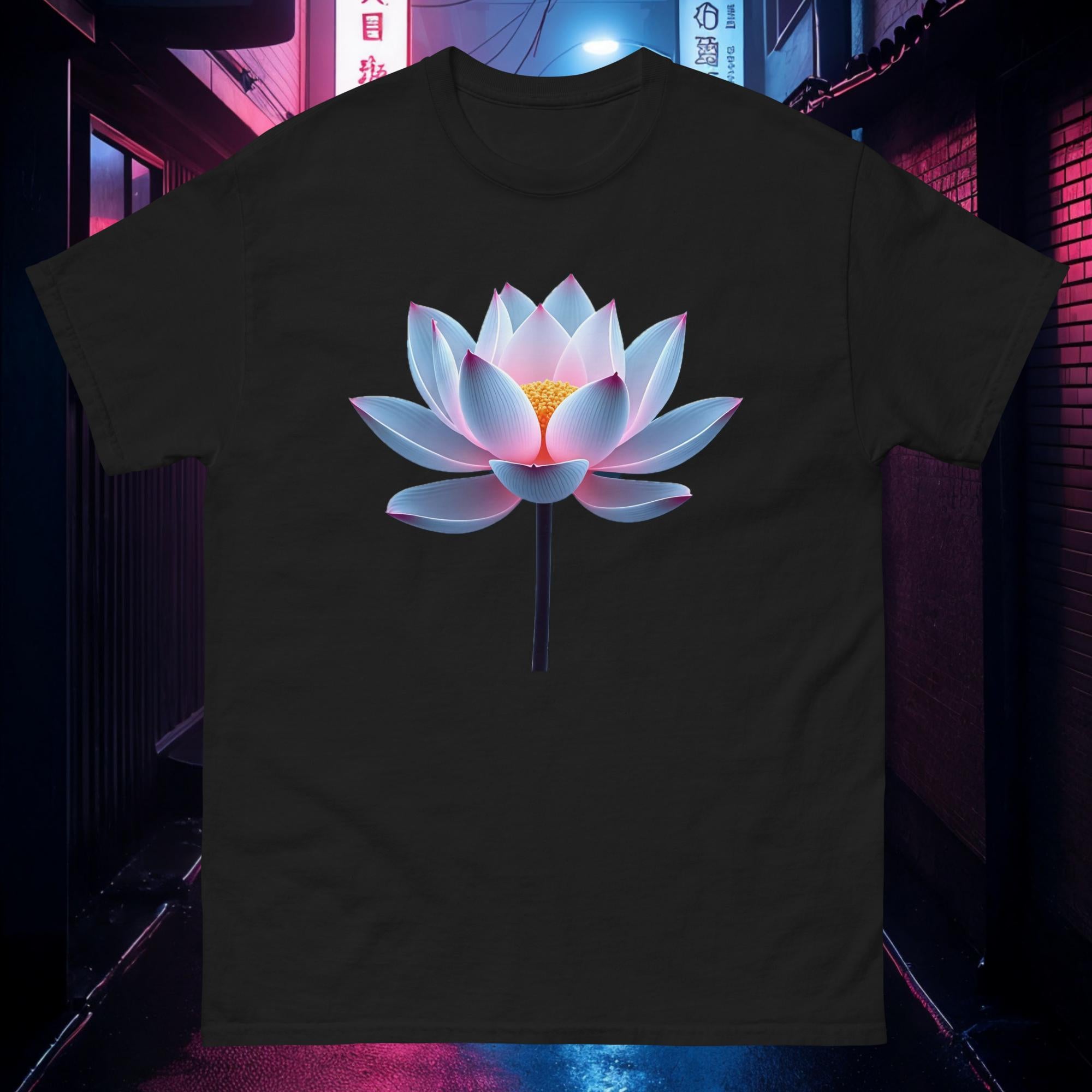Black Chrome Lotus tee with metallic neon lotus flower and soft blue–pink glow