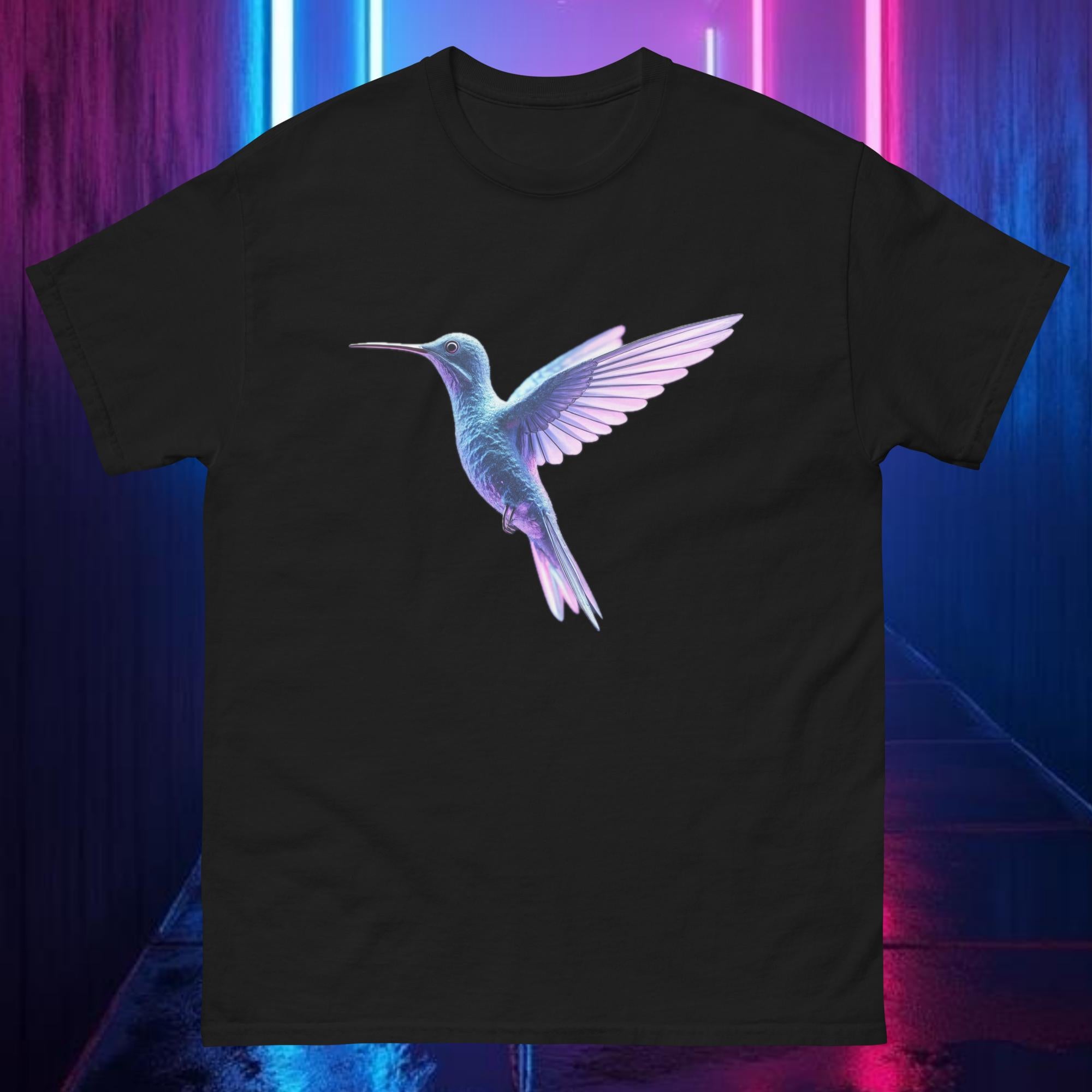 Black Prismflight Hummingbird tee with chrome crystalline hummingbird and neon prism glow