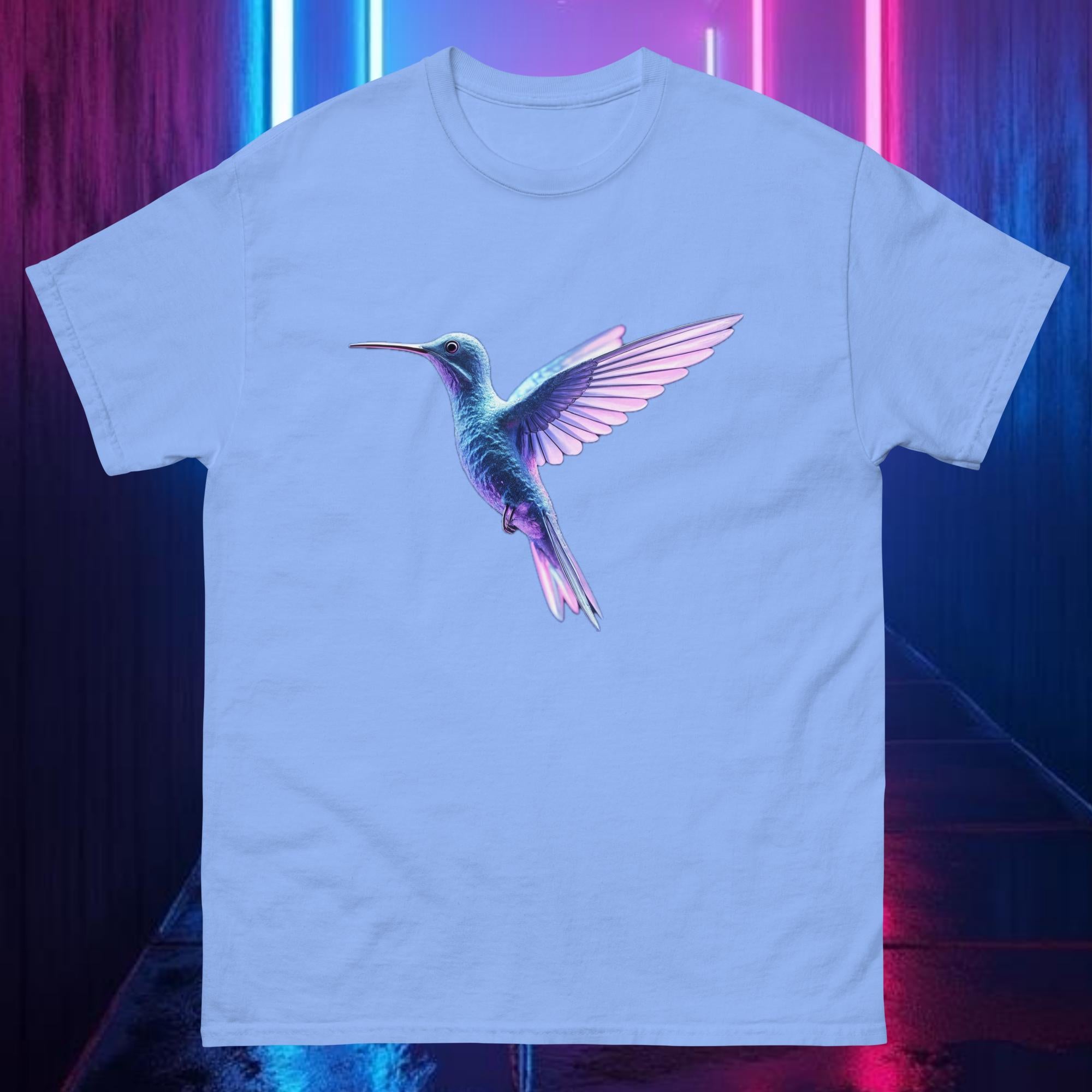 Light blue Prismflight Hummingbird tee with chrome hummingbird and bright neon prism shine