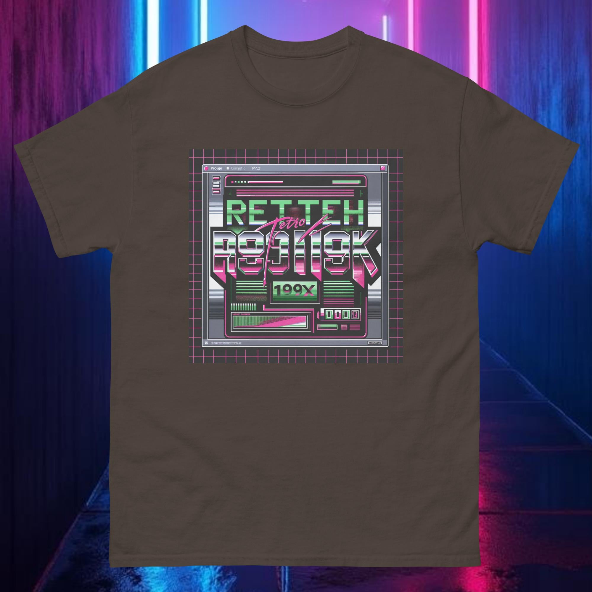 Brown RETROTECH 199X tee featuring neon chrome glitch text and retro tech digital artwork