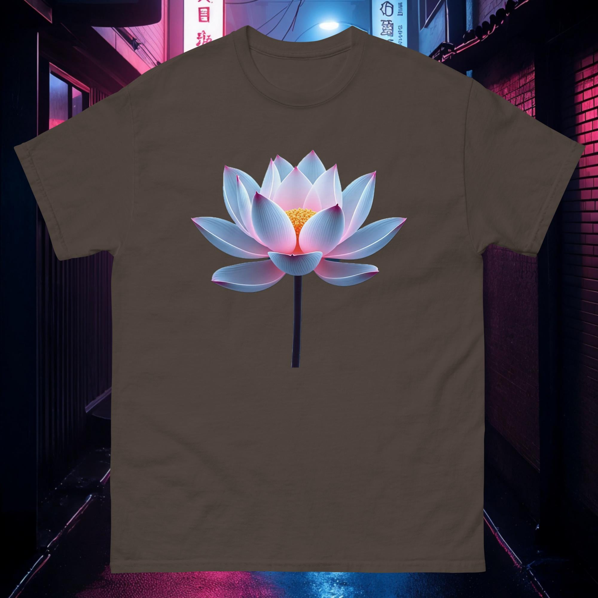 Brown Chrome Lotus tee featuring chrome lotus design with blue–pink neon glow