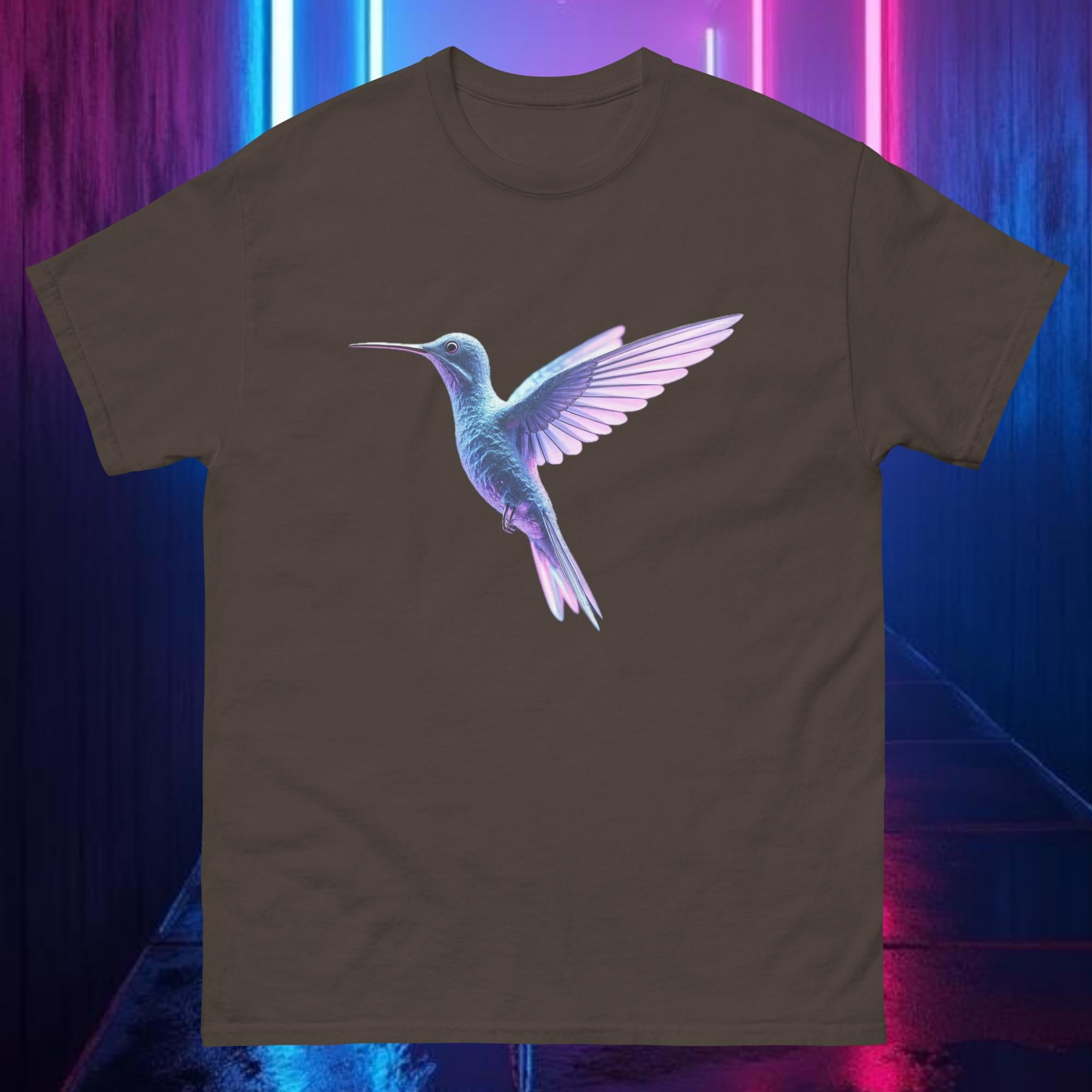Dark Chocolate Prismflight Hummingbird tee with metallic chrome hummingbird and neon glow accents