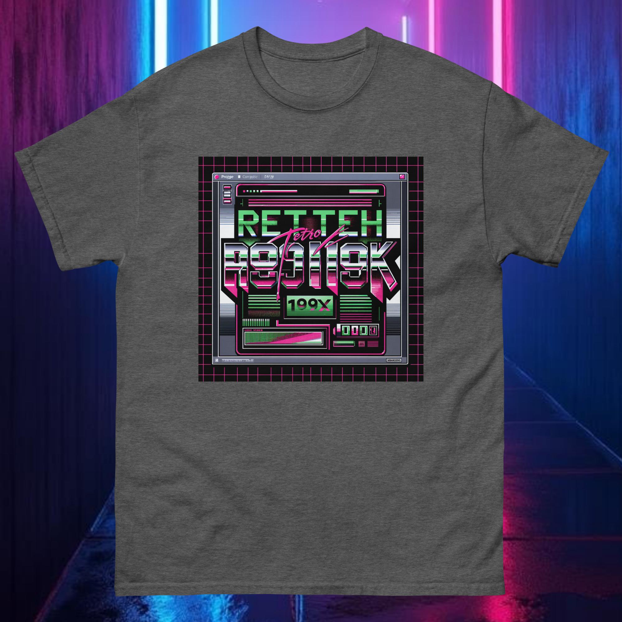 Ash grey RETROTECH 199X tee with neon green and pink chrome glitch graphic — futuristic retro style