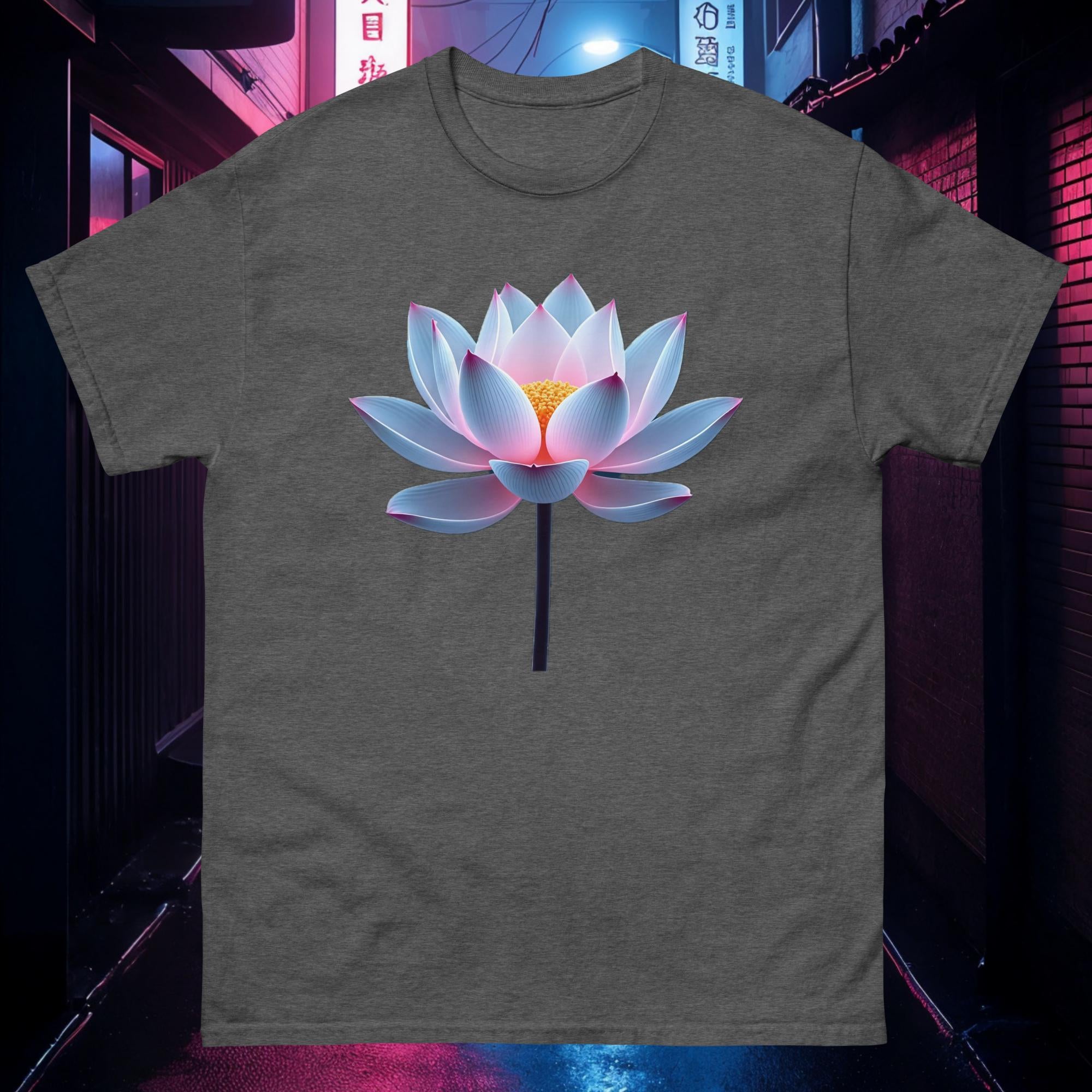 Ash grey Chrome Lotus tee with metallic chrome lotus flower and soft neon illumination