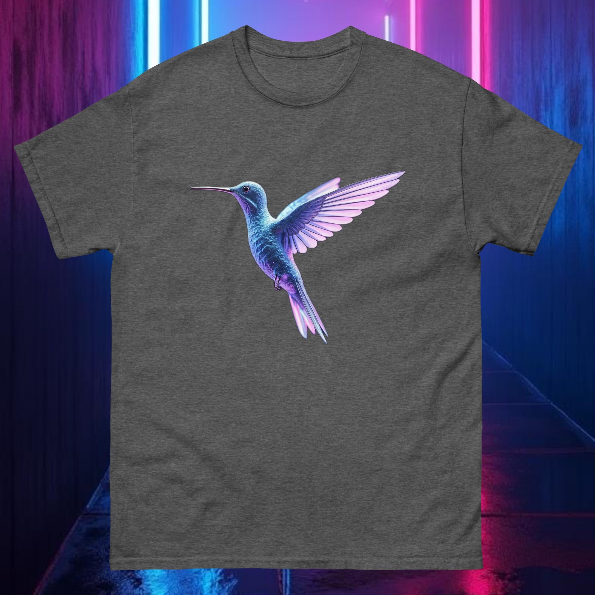Dark Heather Prismflight Hummingbird tee featuring chrome hummingbird with neon highlighted wings