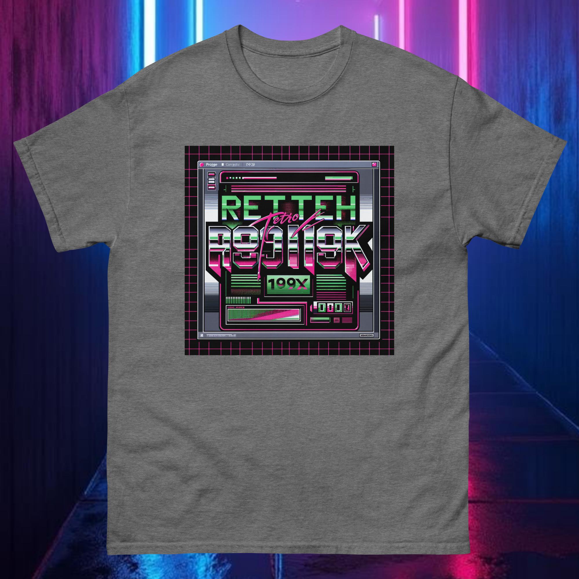 Steel grey RETROTECH 199X tee with neon glitch chrome typography — 199X retro tech aesthetic