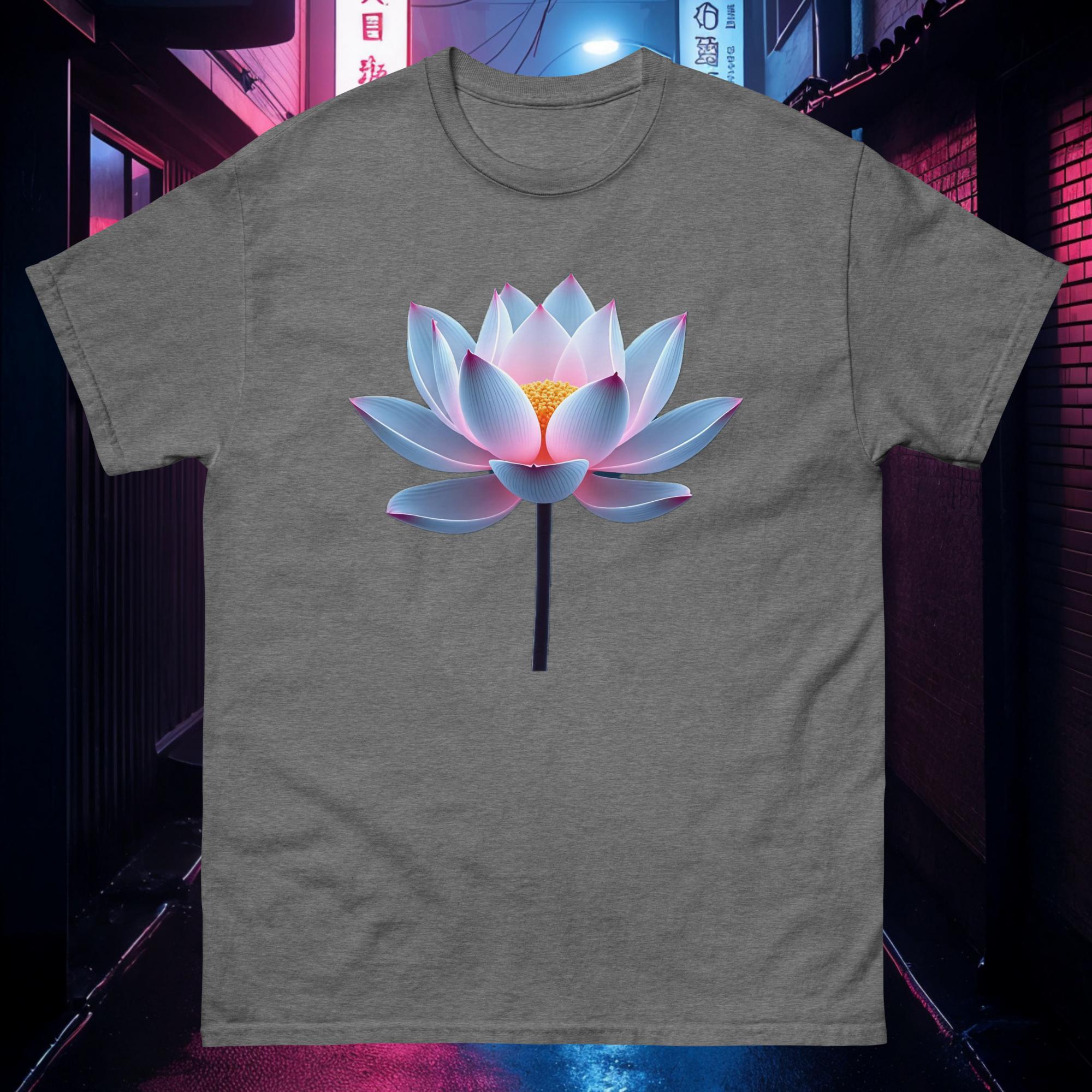Steel grey Chrome Lotus tee with reflective chrome lotus flower and neon gradient lighting