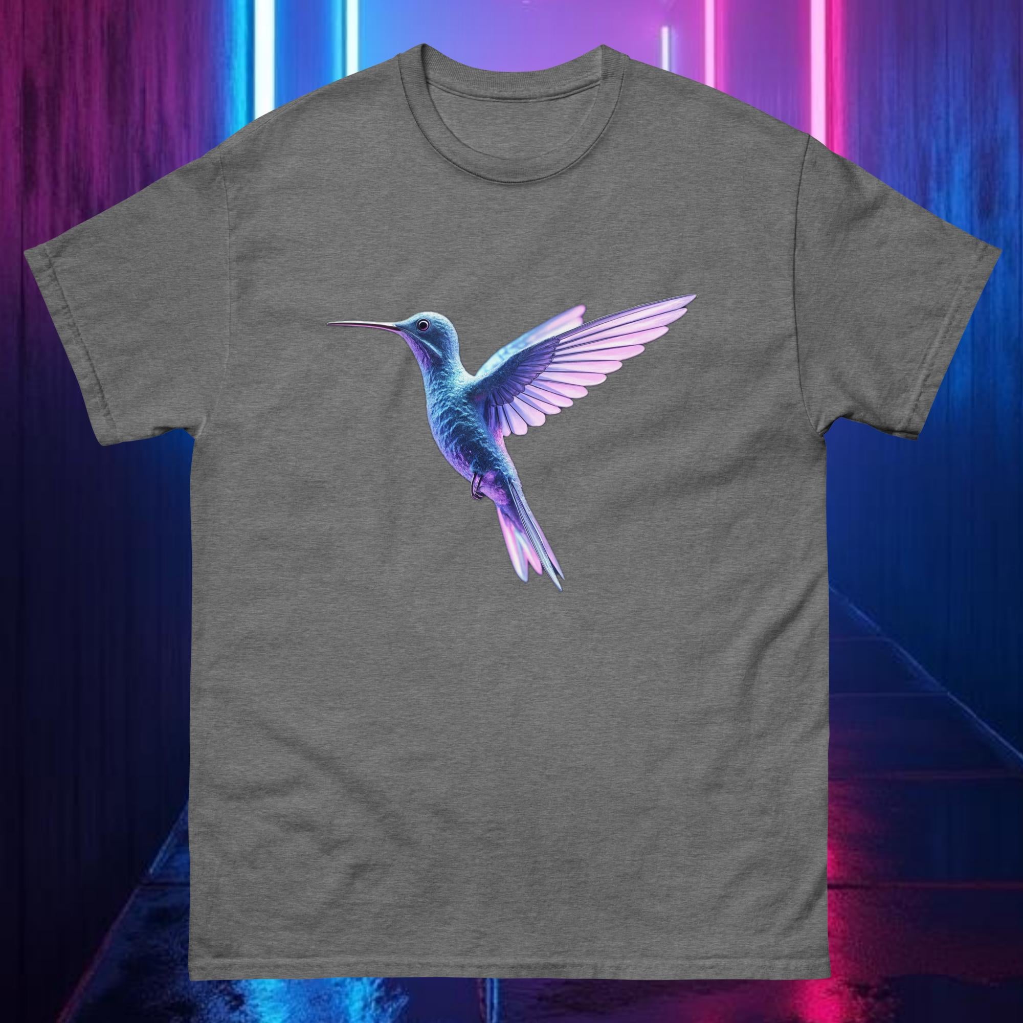Graphite Prismflight Hummingbird tee featuring reflective chrome hummingbird with neon prism glow