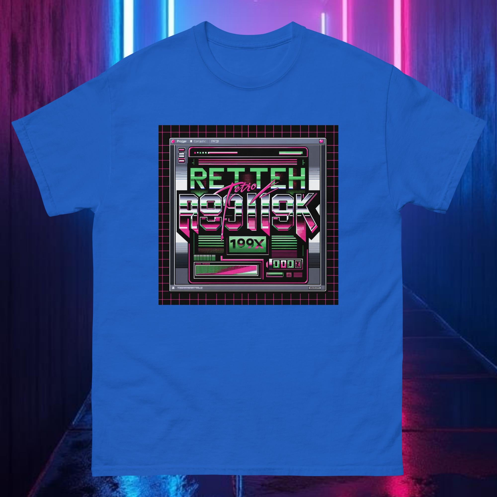 Royal blue RETROTECH 199X tee with neon chrome glitch typography and retro computer vibes