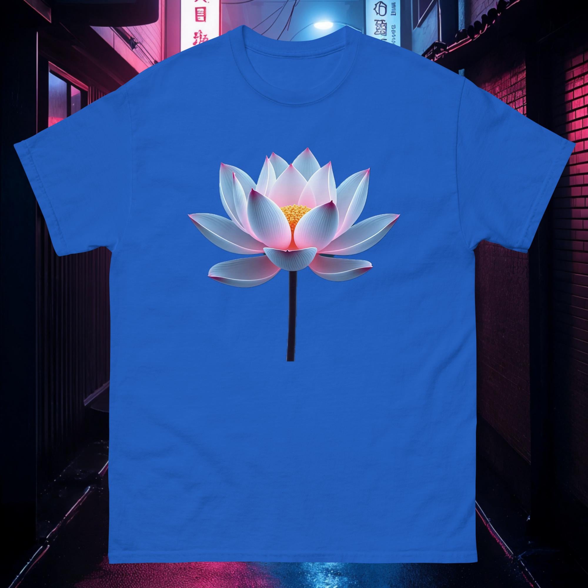 Royal blue Chrome Lotus tee with glowing chrome lotus artwork and neon pastel glow
