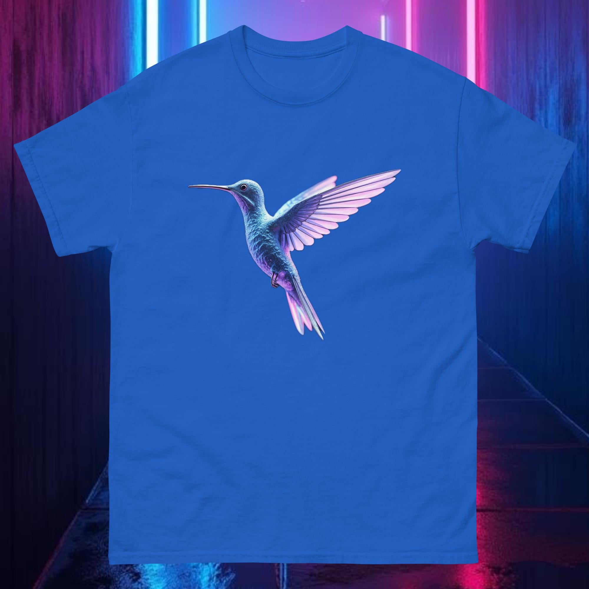 Royal blue Prismflight Hummingbird tee with glowing neon prism hummingbird artwork
