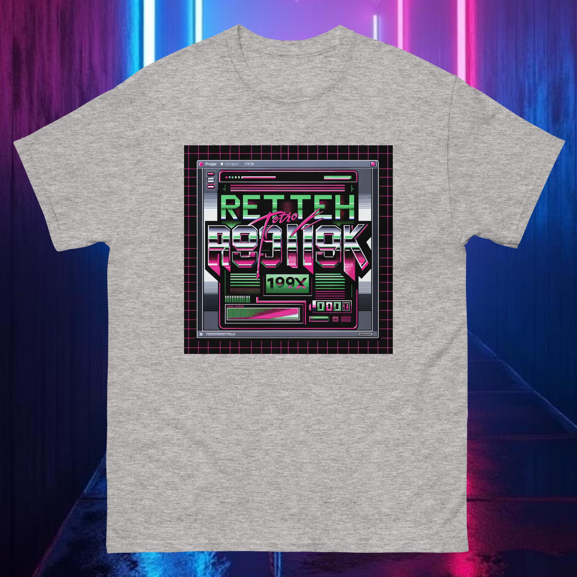 Heather grey RETROTECH 199X tee featuring neon chrome glitch text and retro digital aesthetic