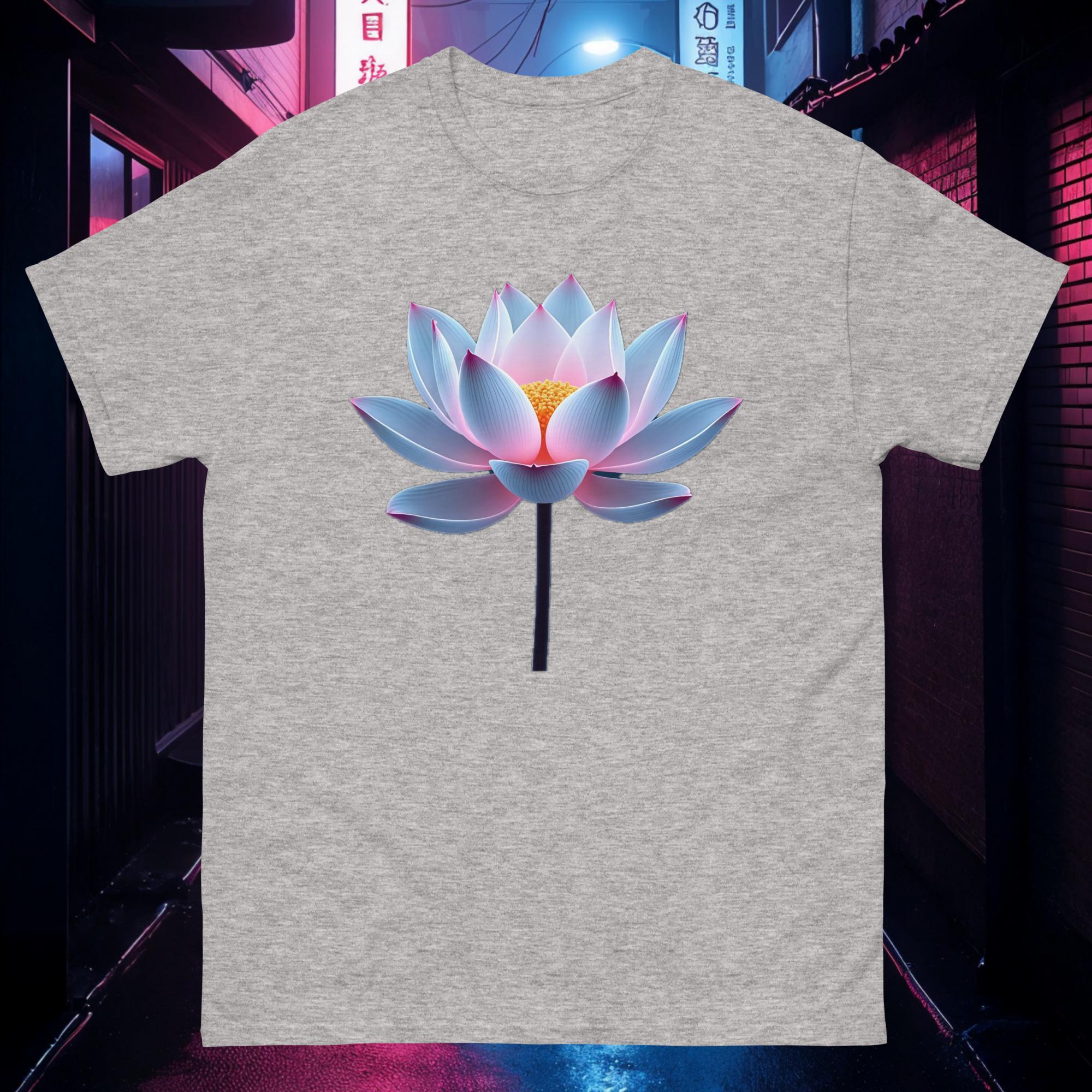 Heather grey Chrome Lotus tee featuring glowing chrome lotus flower with neon pastel highlights
