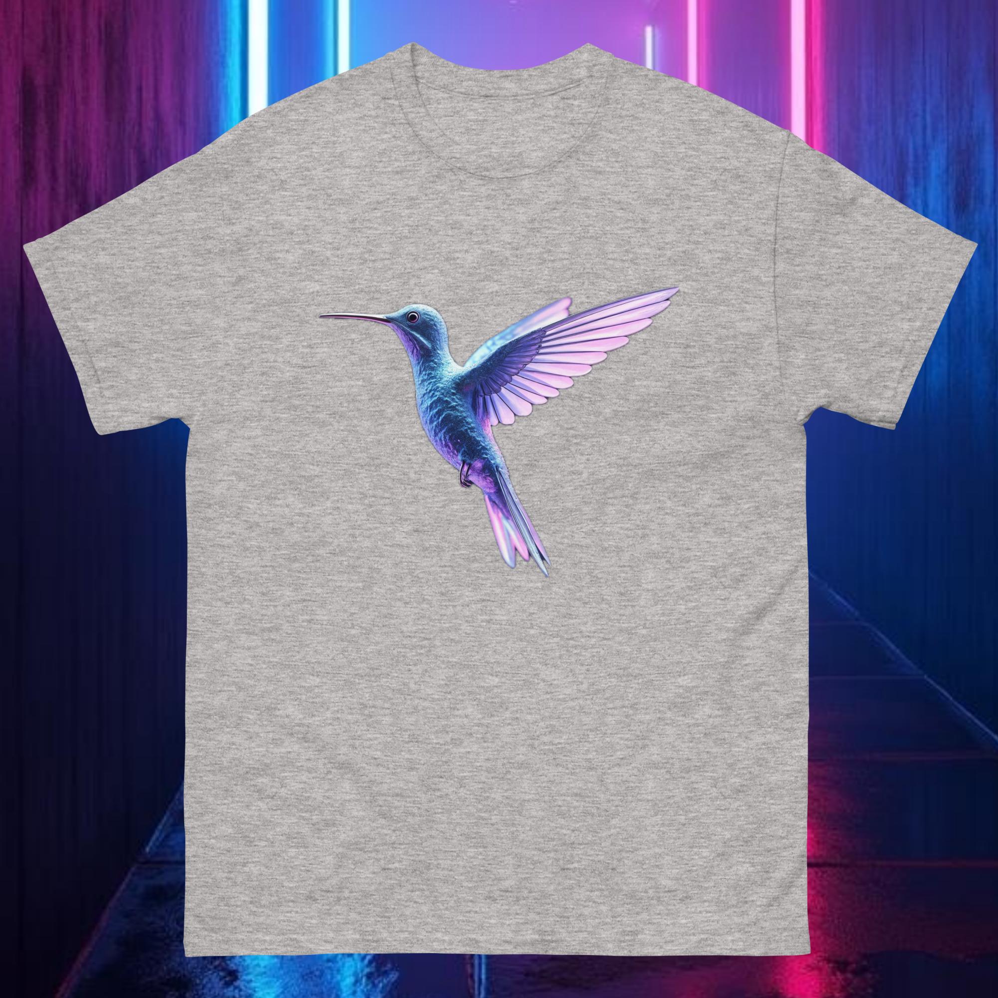 Heather grey Prismflight Hummingbird tee featuring chrome hummingbird with neon prism wings