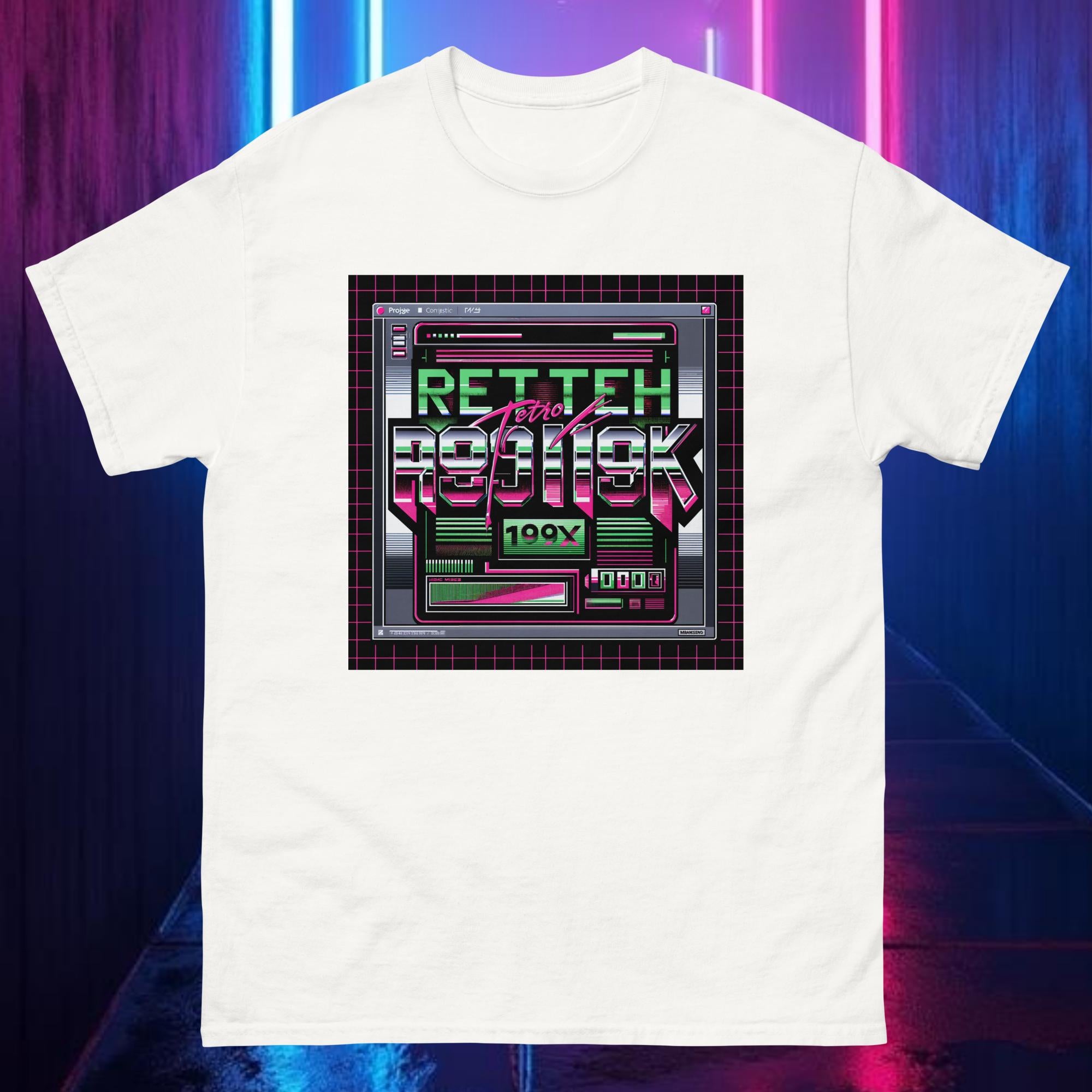 White RETROTECH 199X tee with neon green and pink chrome glitch typography — retro computer style
