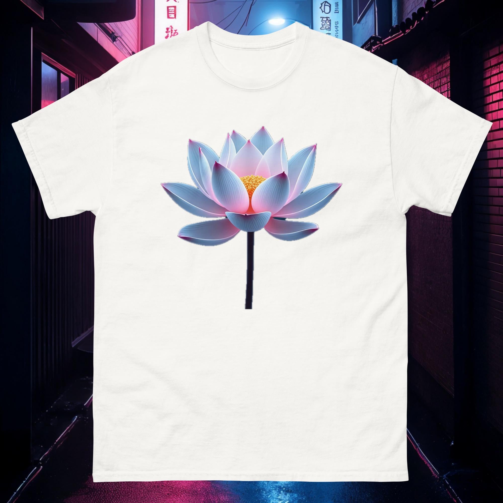 White Chrome Lotus tee with reflective metallic lotus flower and neon gradient glow
