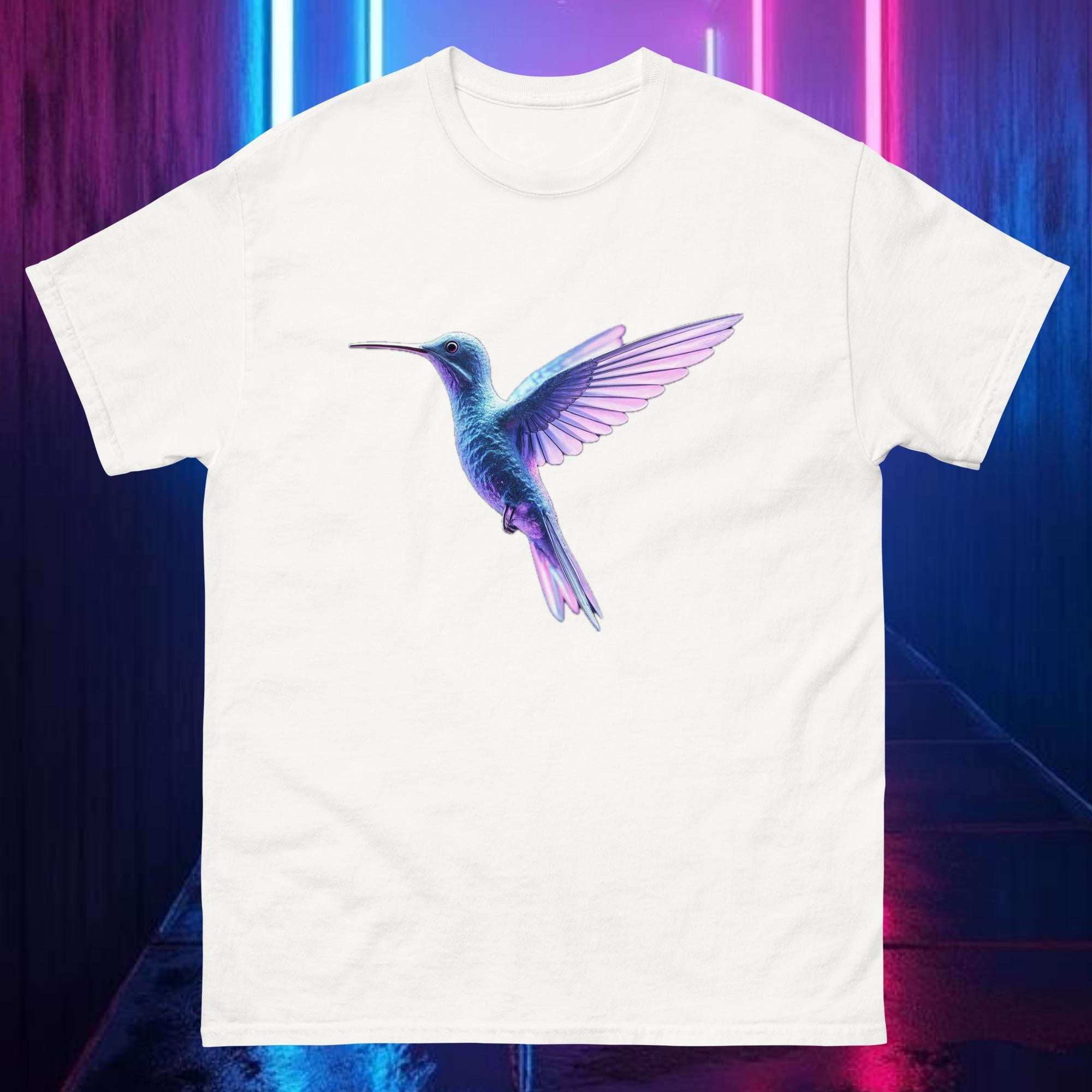 White Prismflight Hummingbird tee with chrome metallic hummingbird and neon prism glow