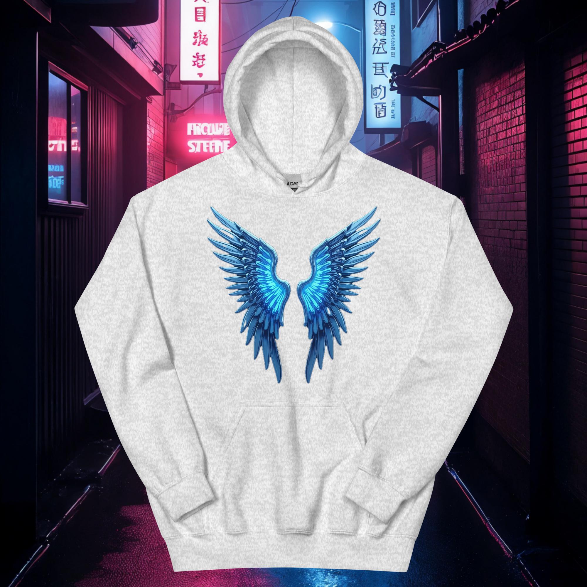 Ash grey Chrome Angel Wings hoodie with neon blue glow and chrome feather wing artwork