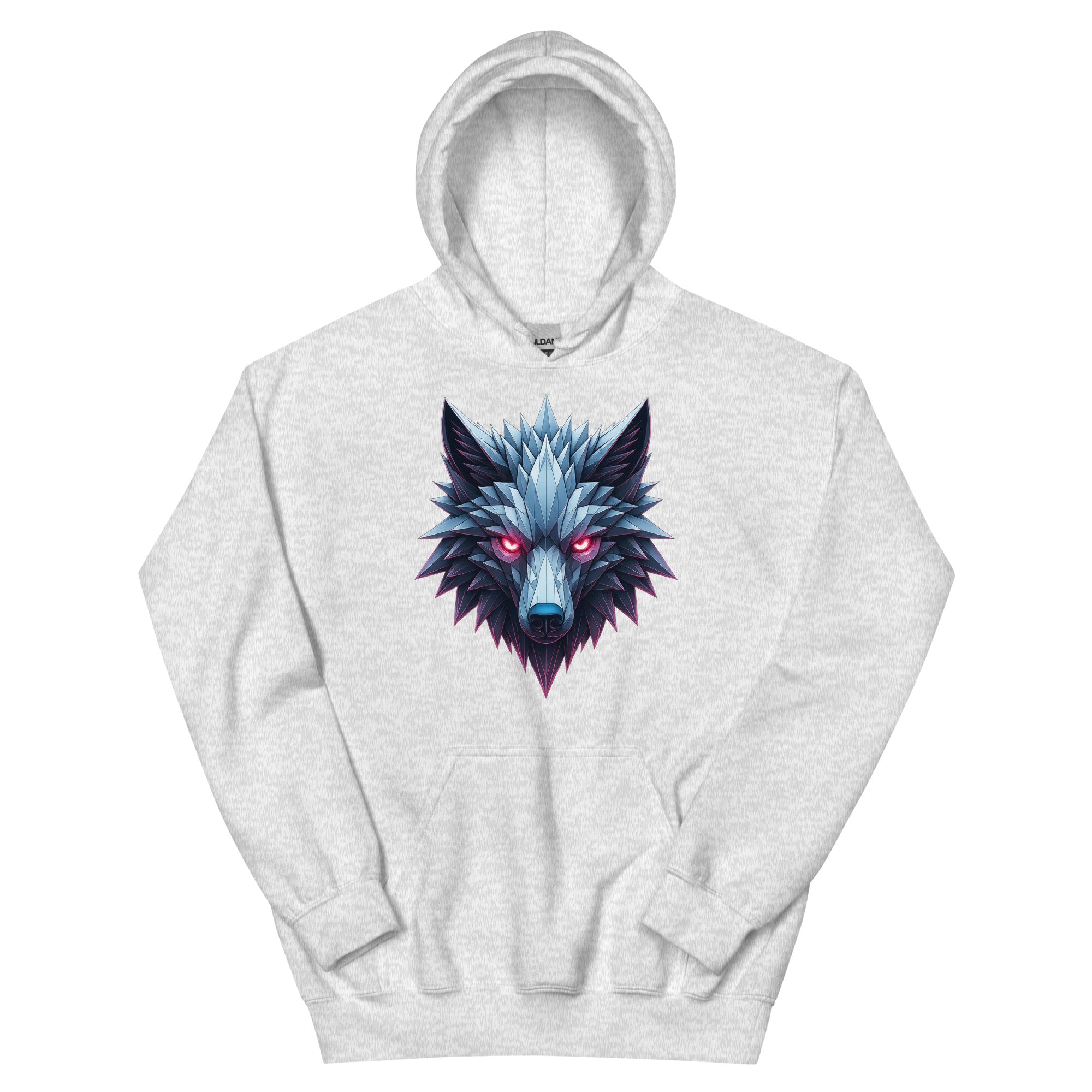 Ash gray Chrome Apex Wolf Hoodie with metallic shattered-ice wolf artwork.