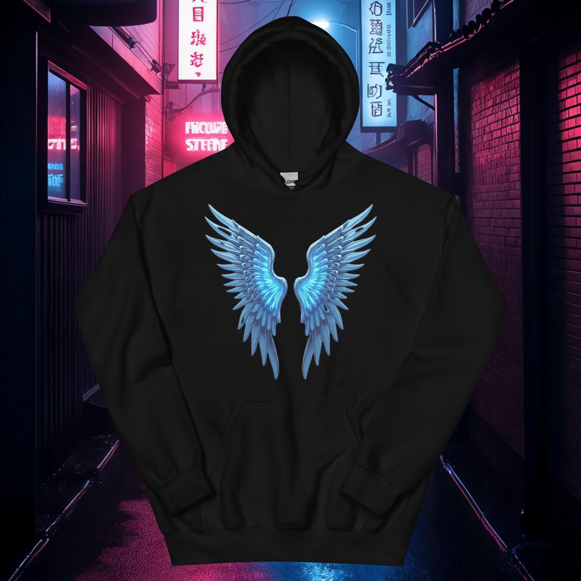 Black Chrome Angel Wings hoodie featuring neon blue glowing wings — cyberpunk streetwear