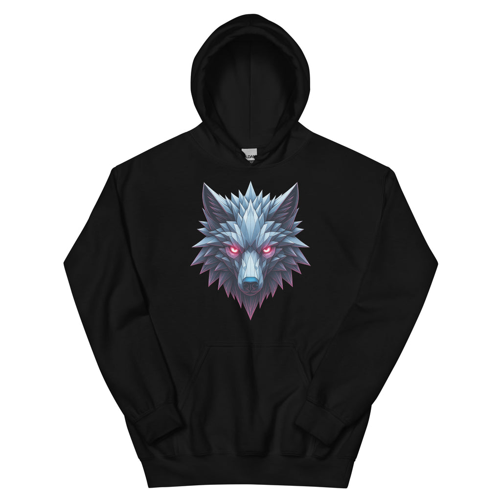 Black Chrome Apex Wolf Hoodie featuring metallic shattered-ice wolf design.