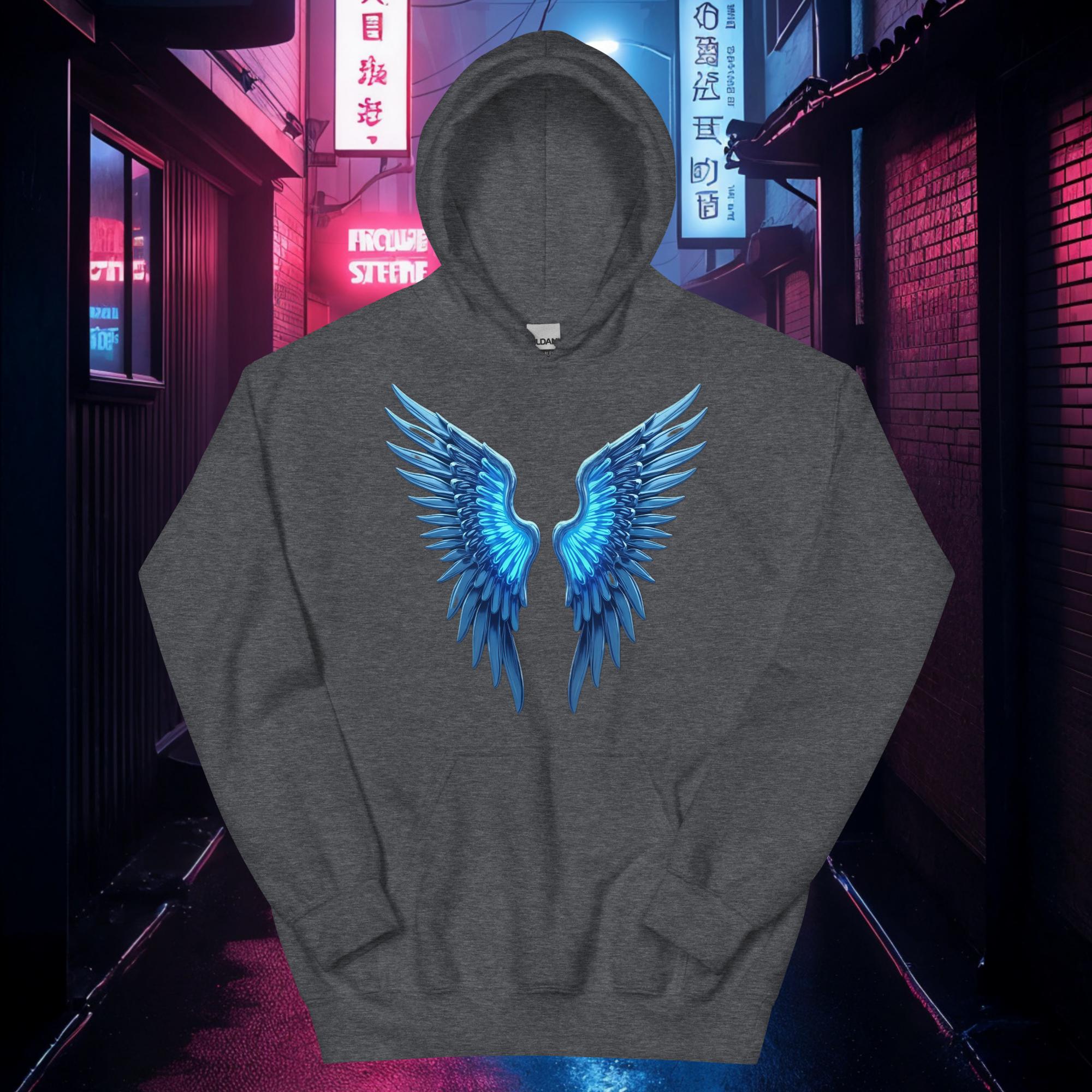 Dark Heather Chrome Angel Wings hoodie with bright neon blue glow and metallic wing design