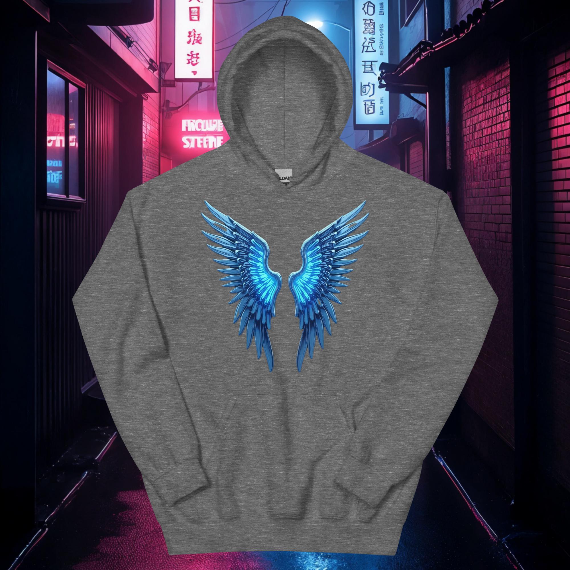 Graphite Chrome Angel Wings hoodie with neon blue inner glow and detailed chrome wing design