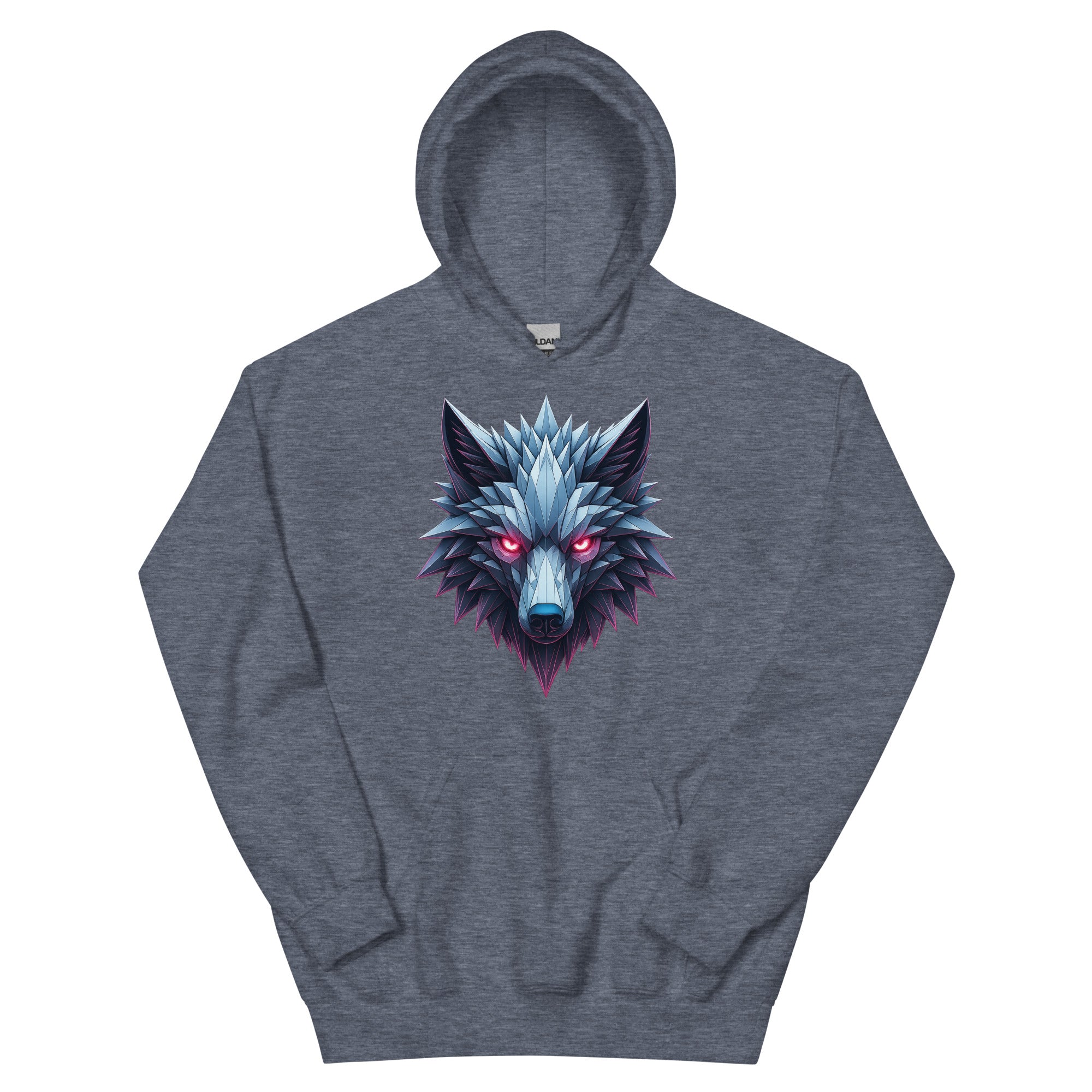 Heather navy Chrome Apex Wolf Hoodie with shattered-ice chrome wolf graphic.