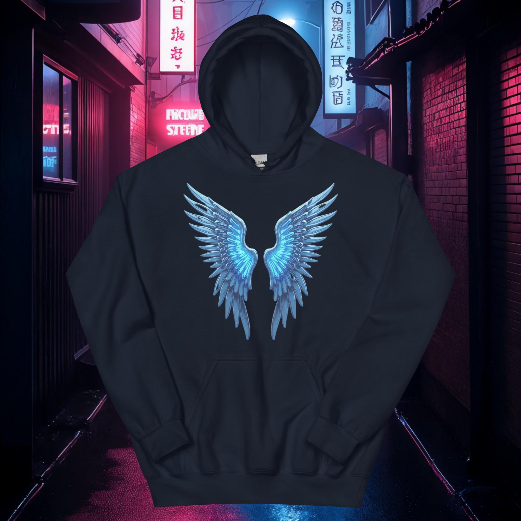Navy Chrome Angel Wings hoodie with neon blue wing glow and chrome feather detailing