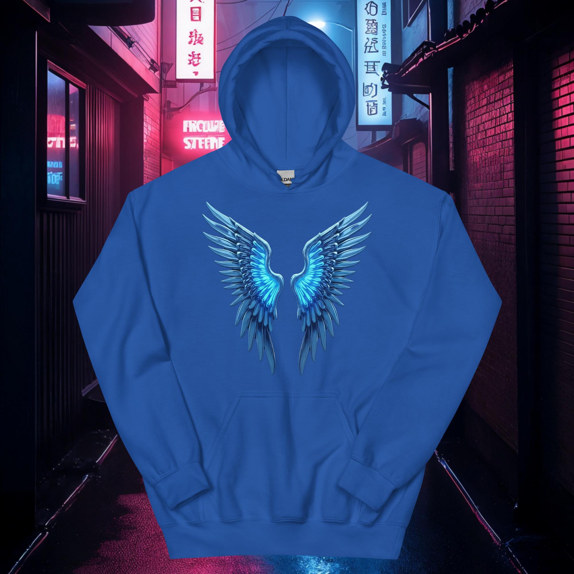 Royal Blue Chrome Angel Wings hoodie featuring neon glowing blue wings — futuristic chrome style