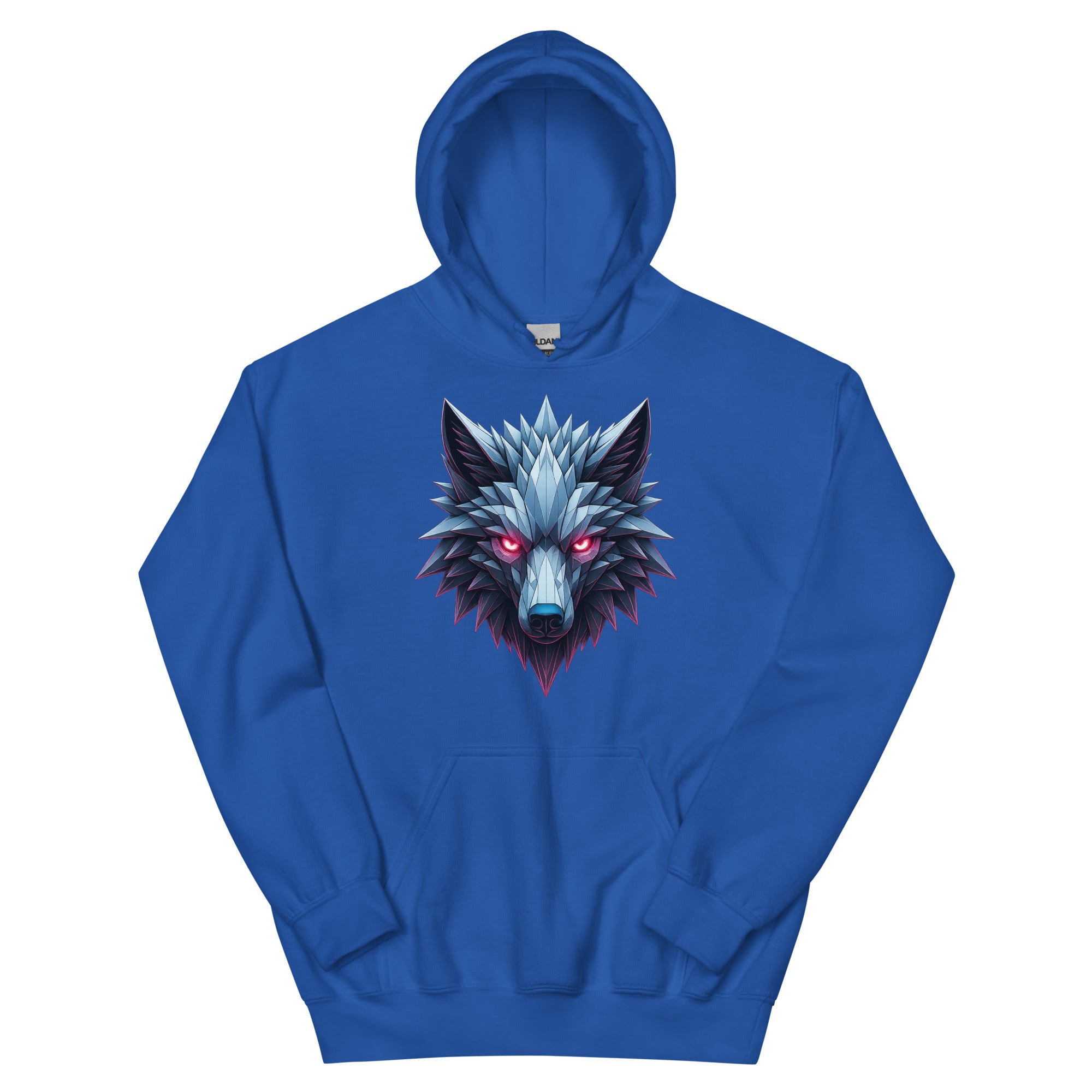 Royal blue Chrome Apex Wolf Hoodie with metallic shattered-ice wolf head graphic.