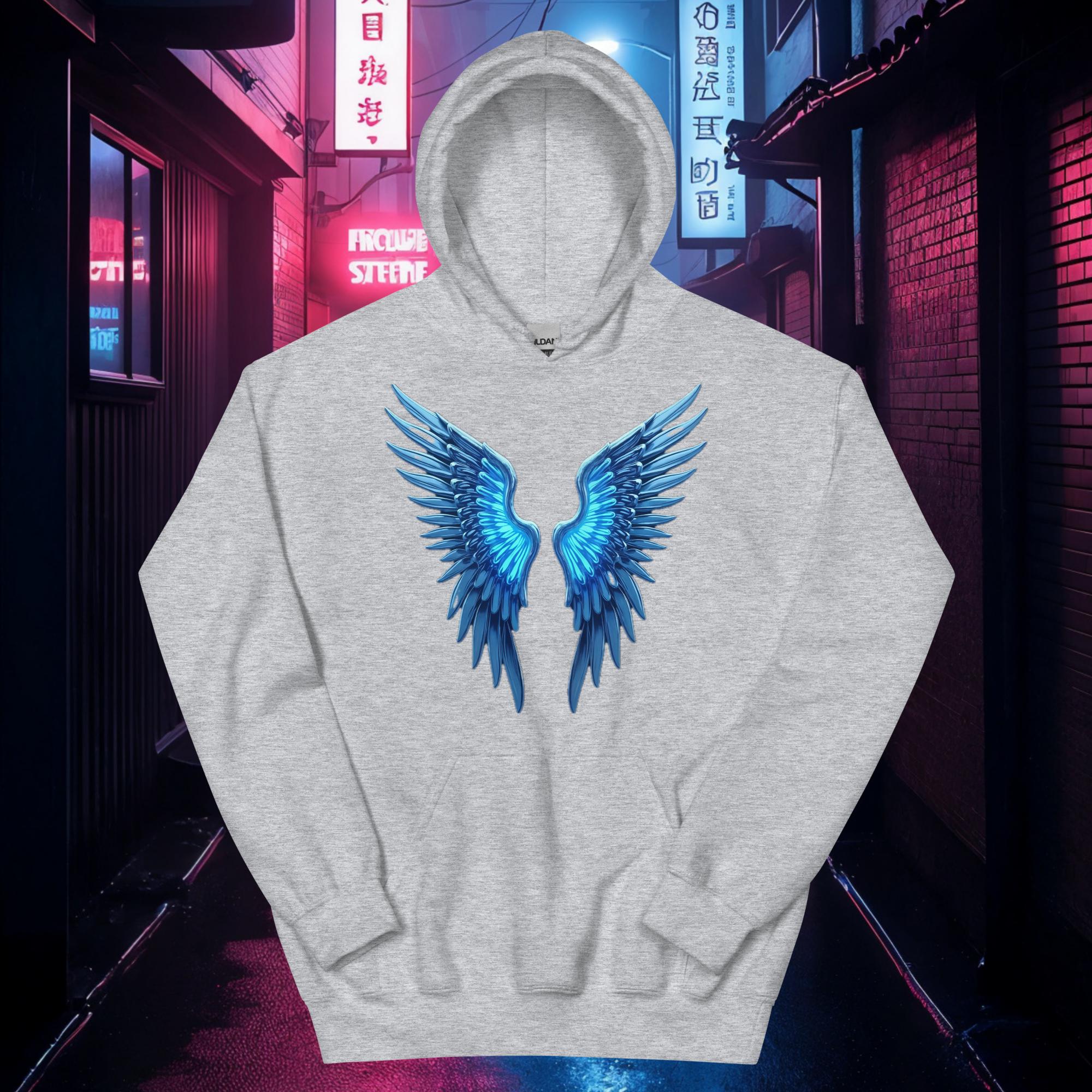 Light grey Chrome Angel Wings hoodie with neon blue glowing wings and chrome feather artwork