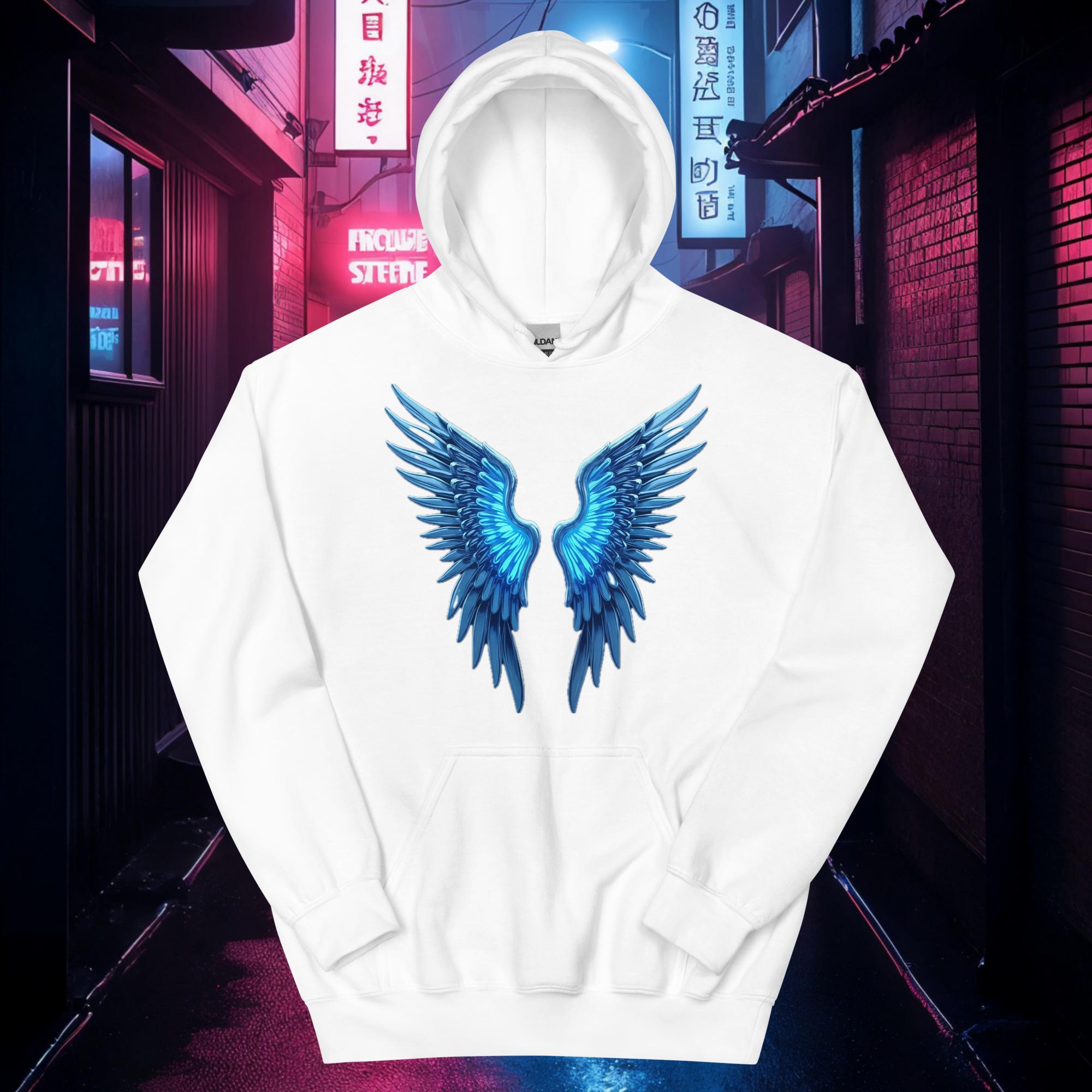 White Chrome Angel Wings hoodie with neon blue inner glow and futuristic wing design